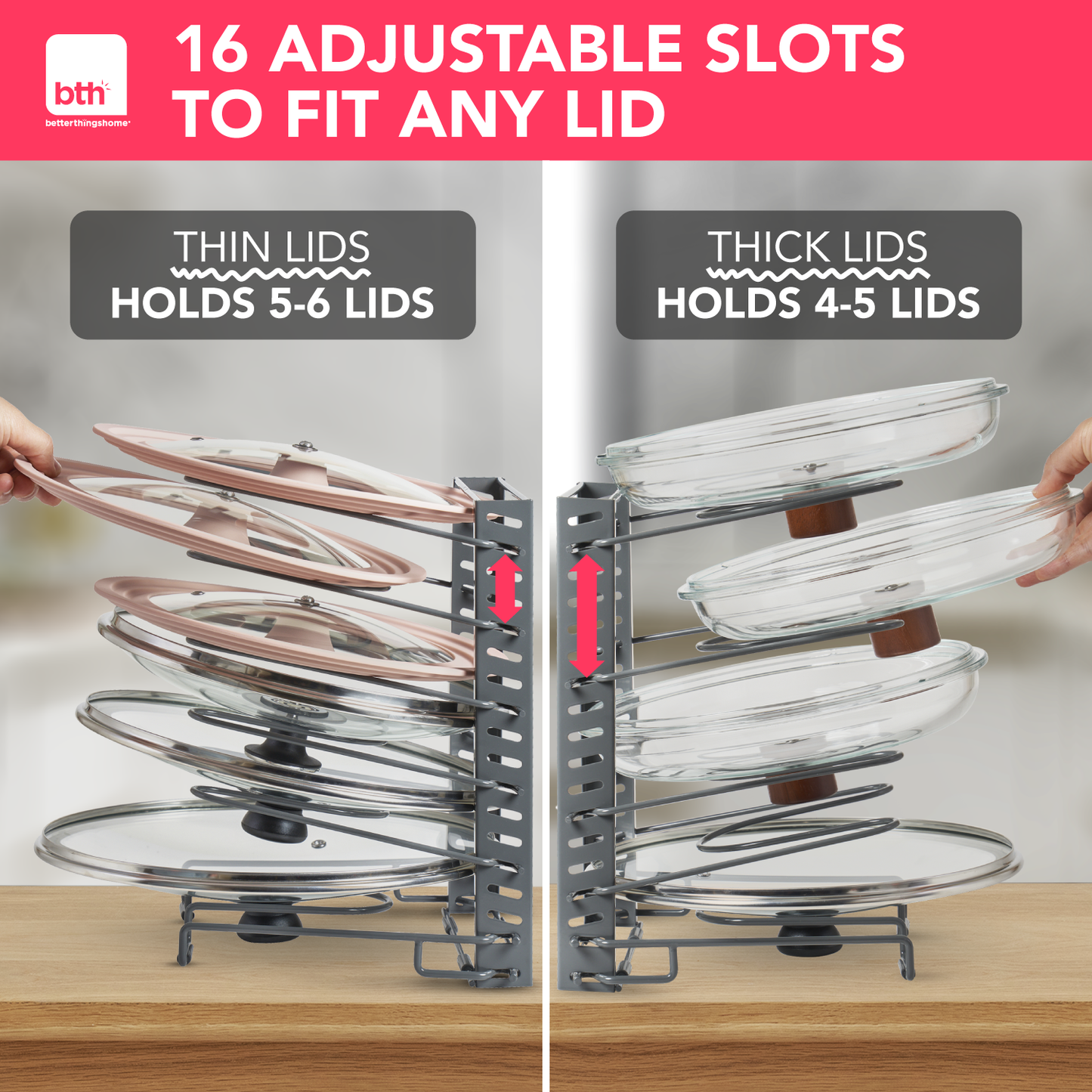 BTH Adjustable Pot Lid Organizer for Cabinet - Kitchen Storage Rack 6 Adjustable Shelves, Pot Lid Holder, Pan and Pot Rack Organizer, Pantry & Inside Cabinet Organizer (13” Clearance)