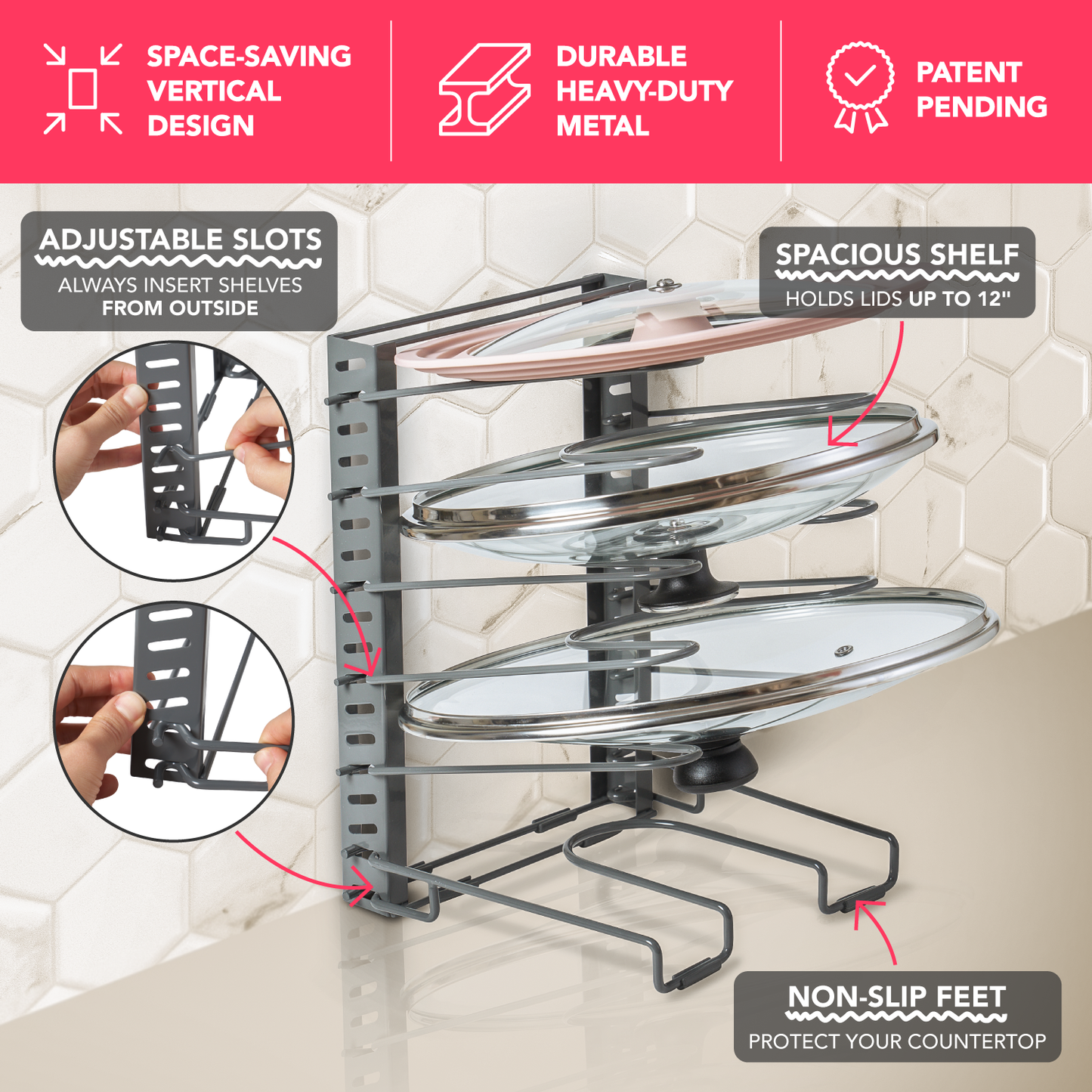 BTH Adjustable Pot Lid Organizer for Cabinet - Kitchen Storage Rack 6 Adjustable Shelves, Pot Lid Holder, Pan and Pot Rack Organizer, Pantry & Inside Cabinet Organizer (13” Clearance)