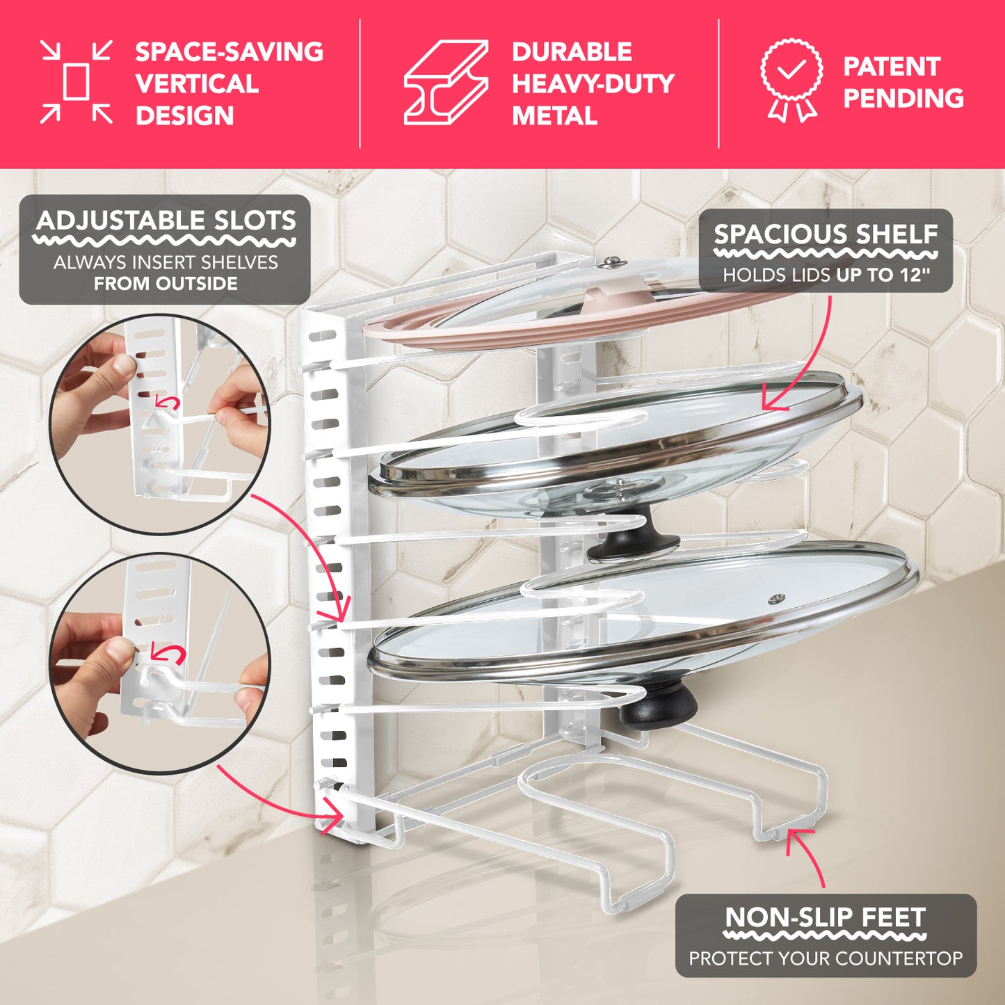 Free-Standing Adjustable Pot Lid Organizer for Cabinet - Kitchen Storage Rack 6 Adjustable Shelves, Pot Lid Holder, Pan and Pot Rack Organizer, Pantry & Inside Cabinet Organizer (13” Clearance)