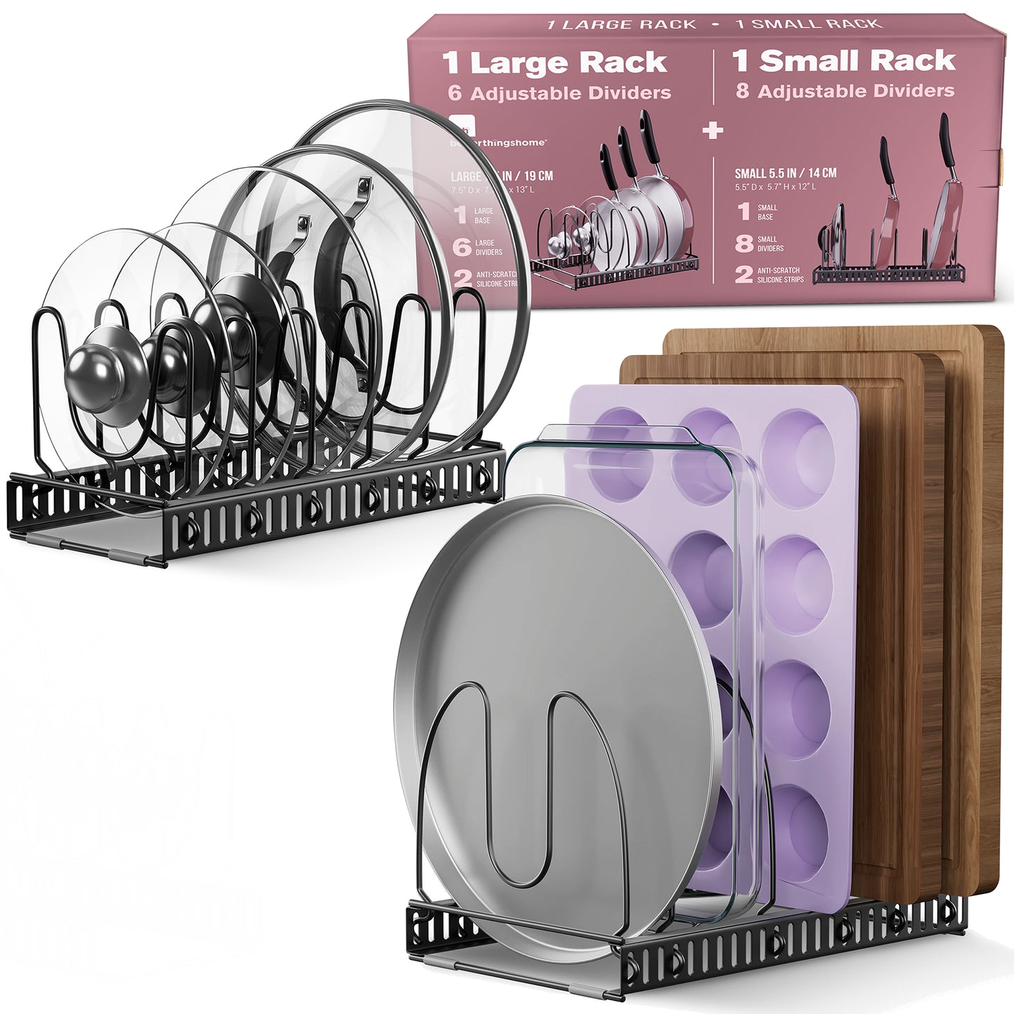 Anti-Scratch 14 Compartments by BTH 1 Large x 1 Compact Dual Rack Set - Pot and Pan Organizer Rack for Cabinet – Pot Lid Organizer for Kitchen Under Sink Drawer Pantry (DUAL SET (DARK GREY))