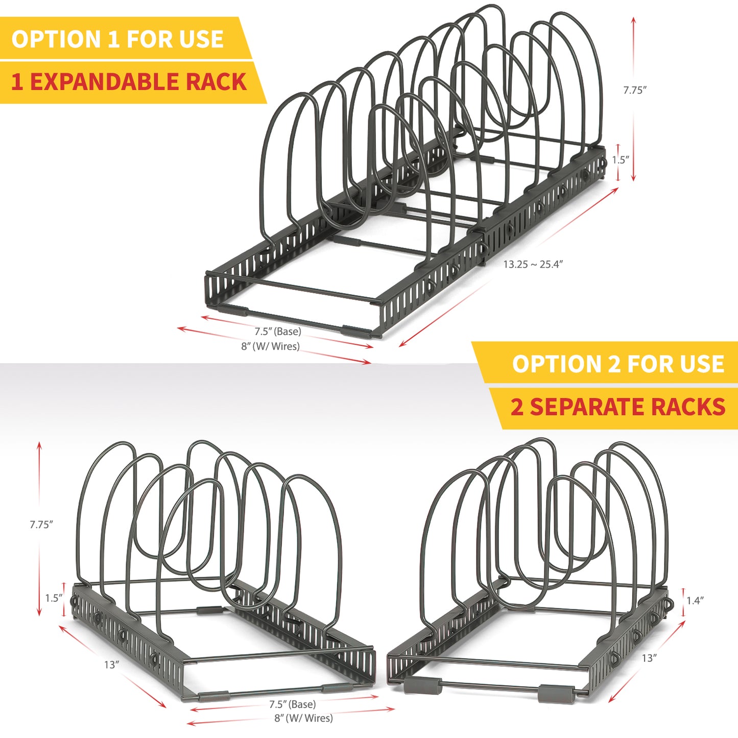 7.5"W Anti-Scratch 12+ Adjustable Compartments Expandable Pot and Pan Organizer Rack