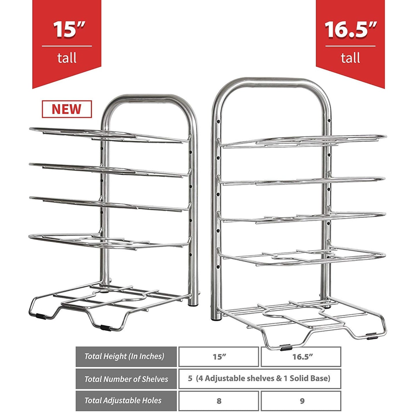 5-Tier Heavy Duty Height Adjustable Pan and Pot Organizer Rack (16.5" or 15" Tall)