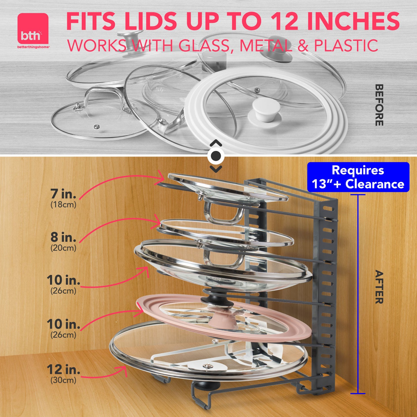 Free-Standing Adjustable Pot Lid Organizer for Cabinet - Kitchen Storage Rack 6 Adjustable Shelves, Pot Lid Holder, Pan and Pot Rack Organizer, Pantry & Inside Cabinet Organizer (13” Clearance)