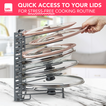 Free-Standing Adjustable Pot Lid Organizer for Cabinet - Kitchen Storage Rack 6 Adjustable Shelves, Pot Lid Holder, Pan and Pot Rack Organizer, Pantry & Inside Cabinet Organizer (13” Clearance)