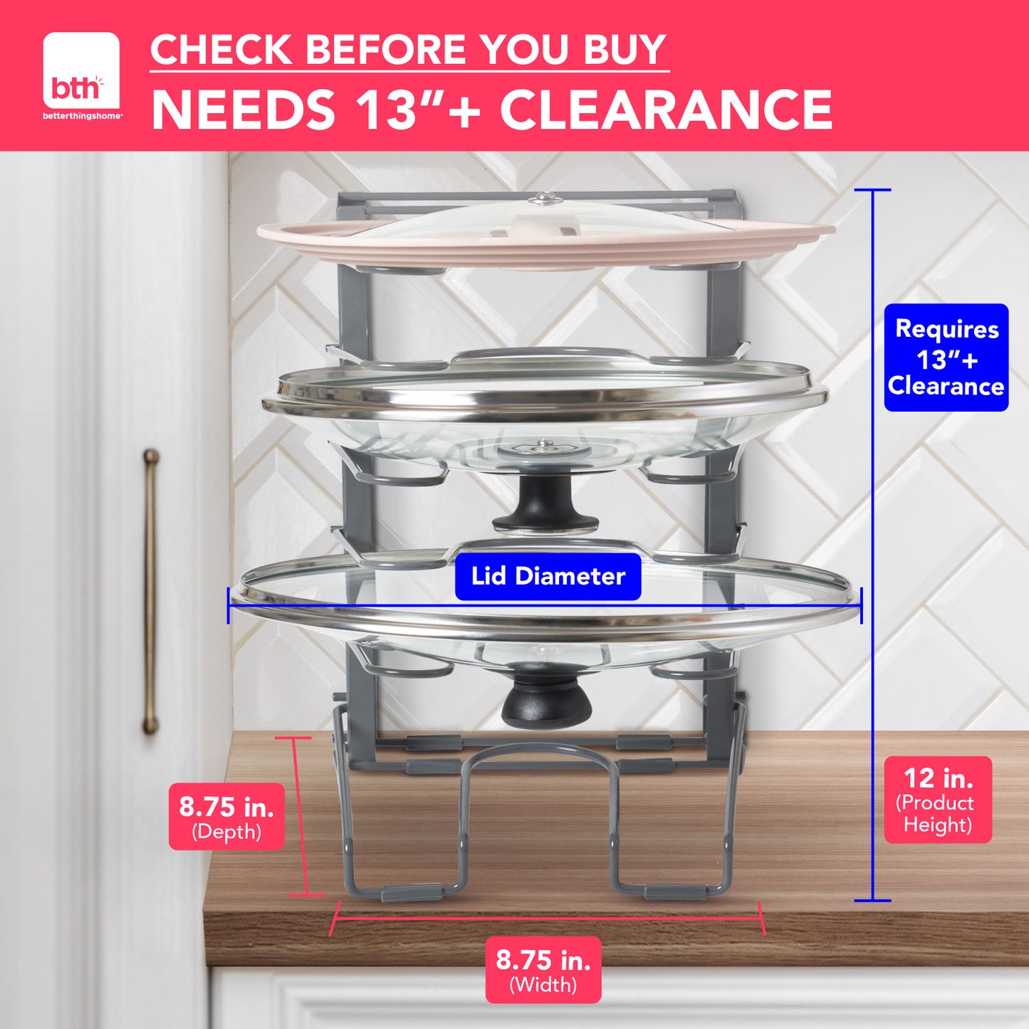 Free-Standing Adjustable Pot Lid Organizer for Cabinet - Kitchen Storage Rack 6 Adjustable Shelves, Pot Lid Holder, Pan and Pot Rack Organizer, Pantry & Inside Cabinet Organizer (13” Clearance)