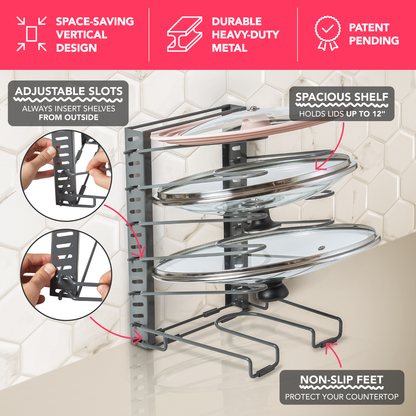 BTH Adjustable Pot Lid Organizer for Cabinet - Kitchen Storage Rack 6 Adjustable Shelves, Pot Lid Holder, Pan and Pot Rack Organizer, Pantry & Inside Cabinet Organizer (13” Clearance)