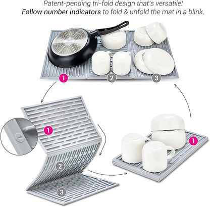 BTH Trifold Dish Drying Mat for Kitchen Counter – 24" Extra Large Silicone Dish Drying Mat for Sink – Compact & Foldable Design