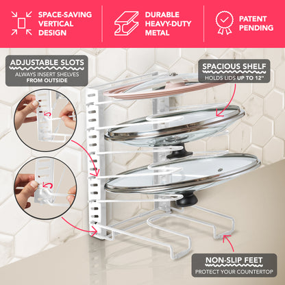 Free-Standing Adjustable Pot Lid Organizer for Cabinet - Kitchen Storage Rack 6 Adjustable Shelves, Pot Lid Holder, Pan and Pot Rack Organizer, Pantry & Inside Cabinet Organizer (13” Clearance)