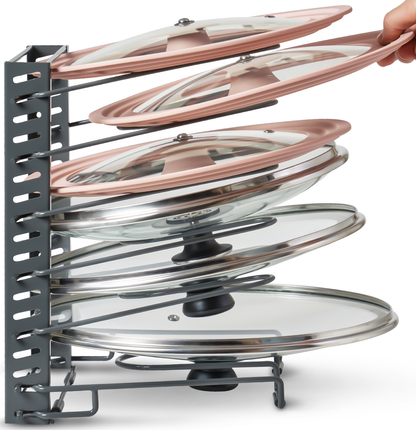 Free-Standing Adjustable Pot Lid Organizer for Cabinet - Kitchen Storage Rack 6 Adjustable Shelves, Pot Lid Holder, Pan and Pot Rack Organizer, Pantry & Inside Cabinet Organizer (13” Clearance)