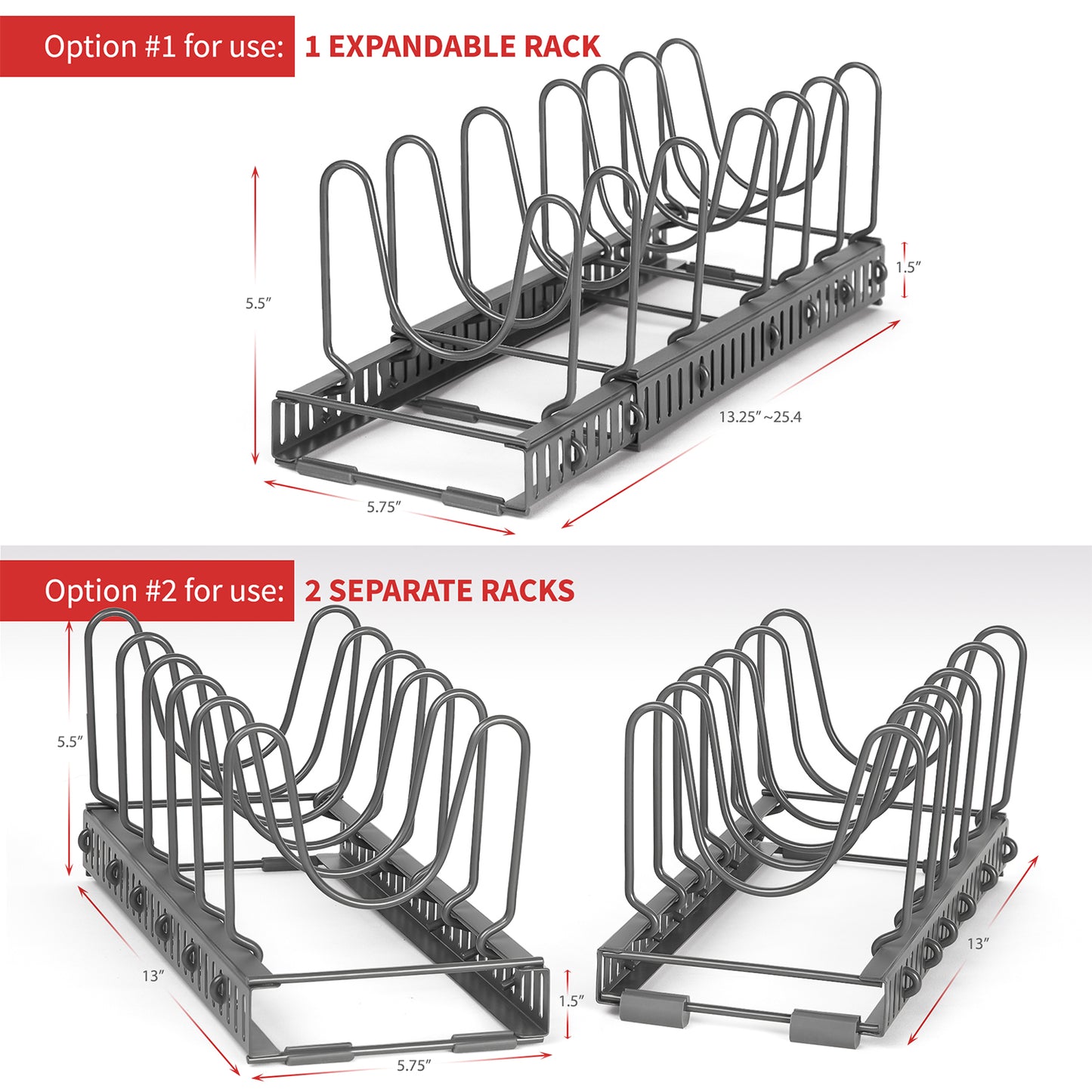 5.5"W Anti-Scratch 12+ Adjustable Compartments Pan & Pot Lid Organizer Rack