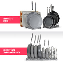 Load image into Gallery viewer, [DISCONTINUED] 7+ Expandable Pan, Pot, and Bakeware Organizer Rack: Kitchen Cabinet, Countertop, Pantry: 7 Adjustable Compartments (Dark Grey)

