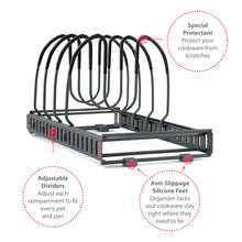 Load image into Gallery viewer, [DISCONTINUED] 7+ Expandable Pan, Pot, and Bakeware Organizer Rack: Kitchen Cabinet, Countertop, Pantry: 7 Adjustable Compartments (Dark Grey)
