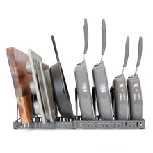 Load image into Gallery viewer, [DISCONTINUED] 7+ Expandable Pan, Pot, and Bakeware Organizer Rack: Kitchen Cabinet, Countertop, Pantry: 7 Adjustable Compartments (Dark Grey)
