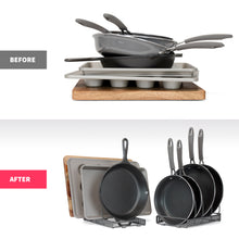 Load image into Gallery viewer, [DISCONTINUED] 7+ Expandable Pan, Pot, and Bakeware Organizer Rack: Kitchen Cabinet, Countertop, Pantry: 7 Adjustable Compartments (Dark Grey)
