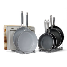 Load image into Gallery viewer, [DISCONTINUED] 7+ Expandable Pan, Pot, and Bakeware Organizer Rack: Kitchen Cabinet, Countertop, Pantry: 7 Adjustable Compartments (Dark Grey)
